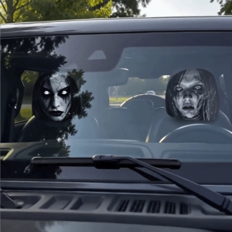 Ghost Face Car Headrest Covers in use